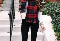 a plaid scarf makes an ordinary jeans and booties look festive for