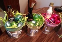 adult easter baskets favorite booze, shot glass and chocolate