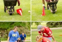 adults and kids compete in a variety of backyard games including