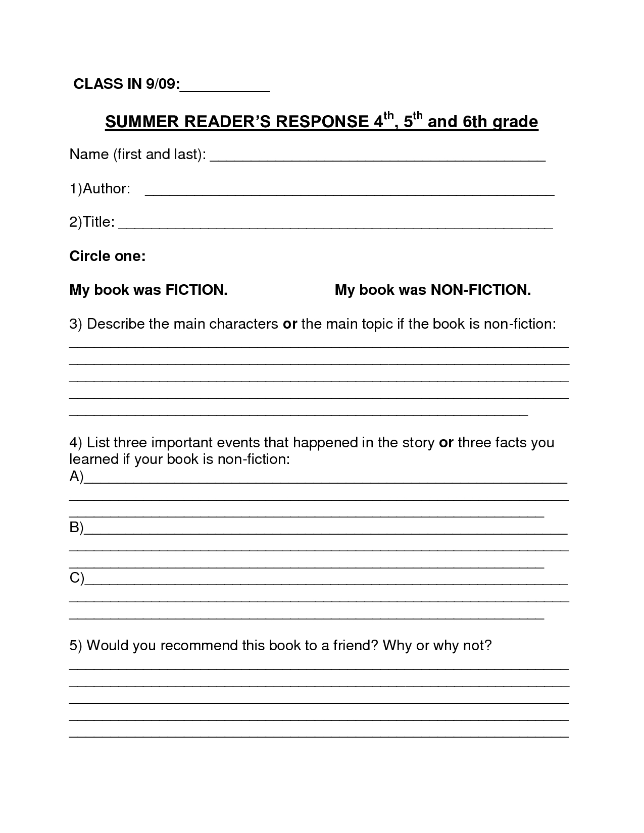 sample 4th grade book reports