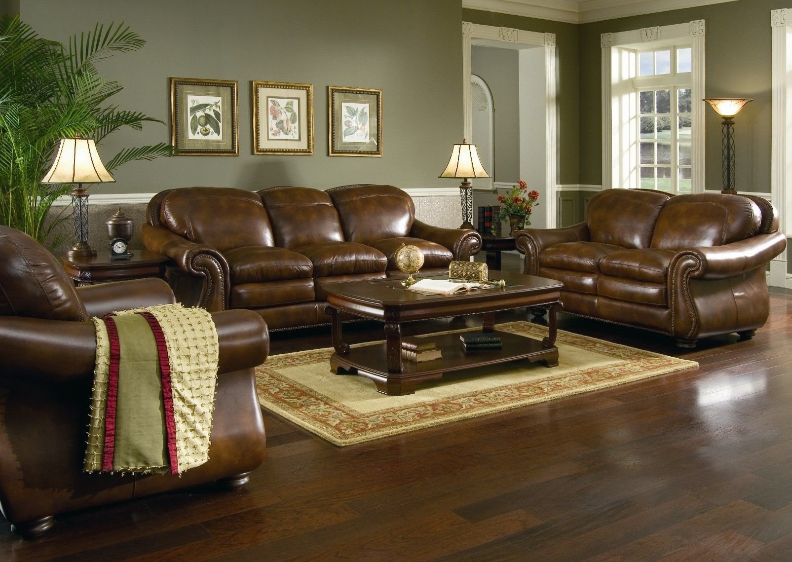 Brown Leather Sofa Set For Living Room With Dark Hardwood Floors 3 