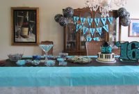 sweet 16 party decor - candy buffet, cake, banner and centerpiece