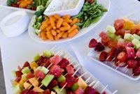 veggie trays like this and fruit kabobs for the wedding, with